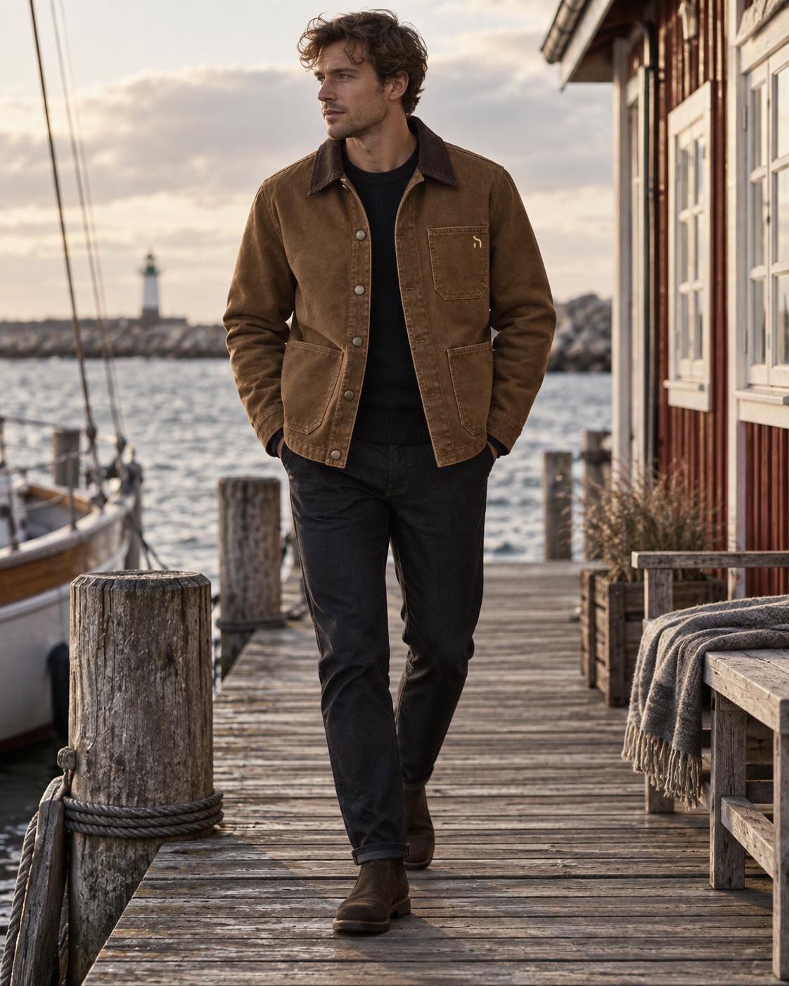 Mann in der Haensch Heritage Canvas Jacket in Heritage Bronze mit Cordkragen und goldenem Haensch-Zeichen auf einem Küstensteg.