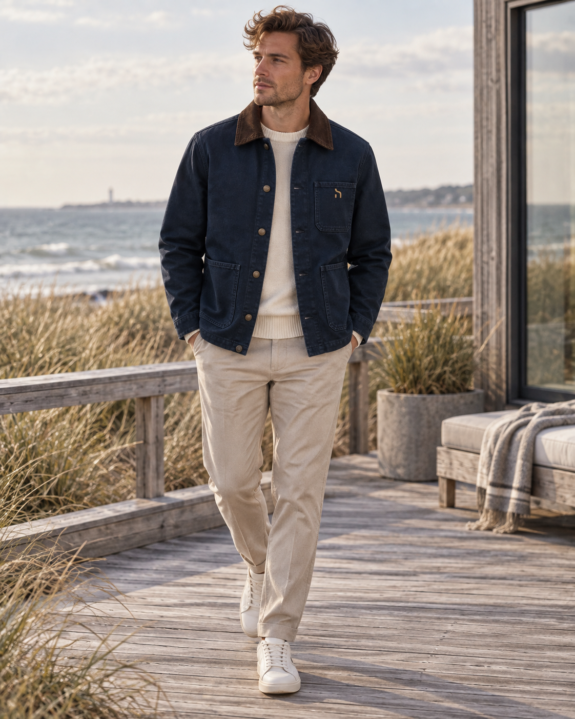 Mann in der Haensch Heritage Canvas Jacket in Heritage Navy mit Cordkragen und goldenem Haensch-Zeichen an der Ostseeküste.