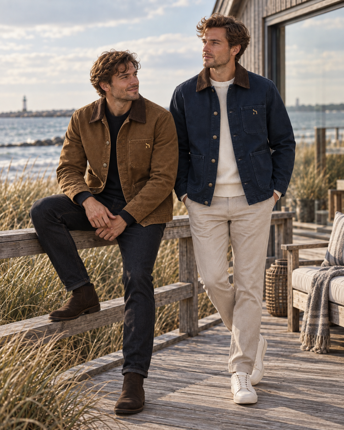 Zwei Männer in Haensch Heritage Canvas Jackets in Heritage Navy und Heritage Bronze an der Ostseeküste.