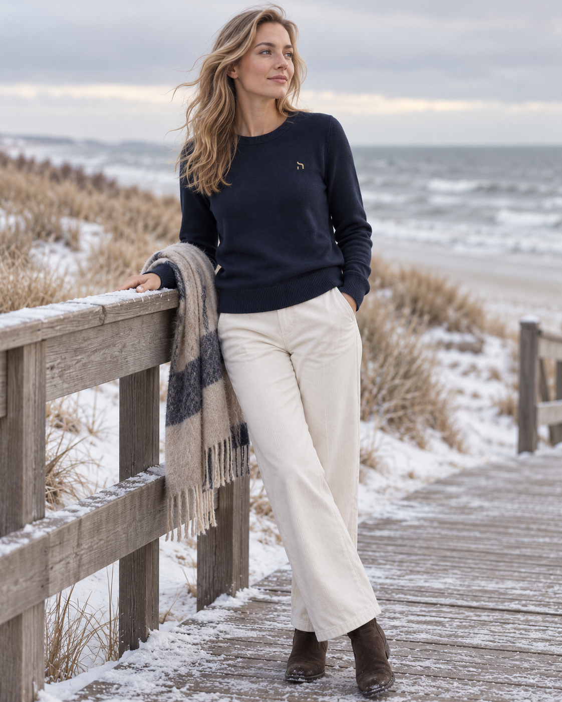 Weibliches Model trägt den Haensch Heritage Knit Sweater Damen in Deep Navy mit goldenem Hänsch-H-Signet in winterlicher Ostsee-Kulisse