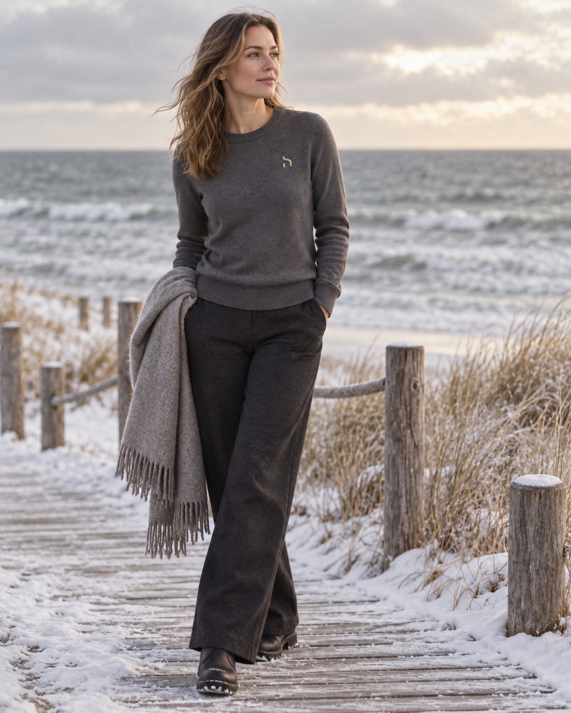 Weibliches Model trägt den Haensch Heritage Knit Sweater Damen in Iron Grey mit goldenem Hänsch-H-Signet, dunkler Wide-Leg-Hose und Schal an der verschneiten Ostseeküste