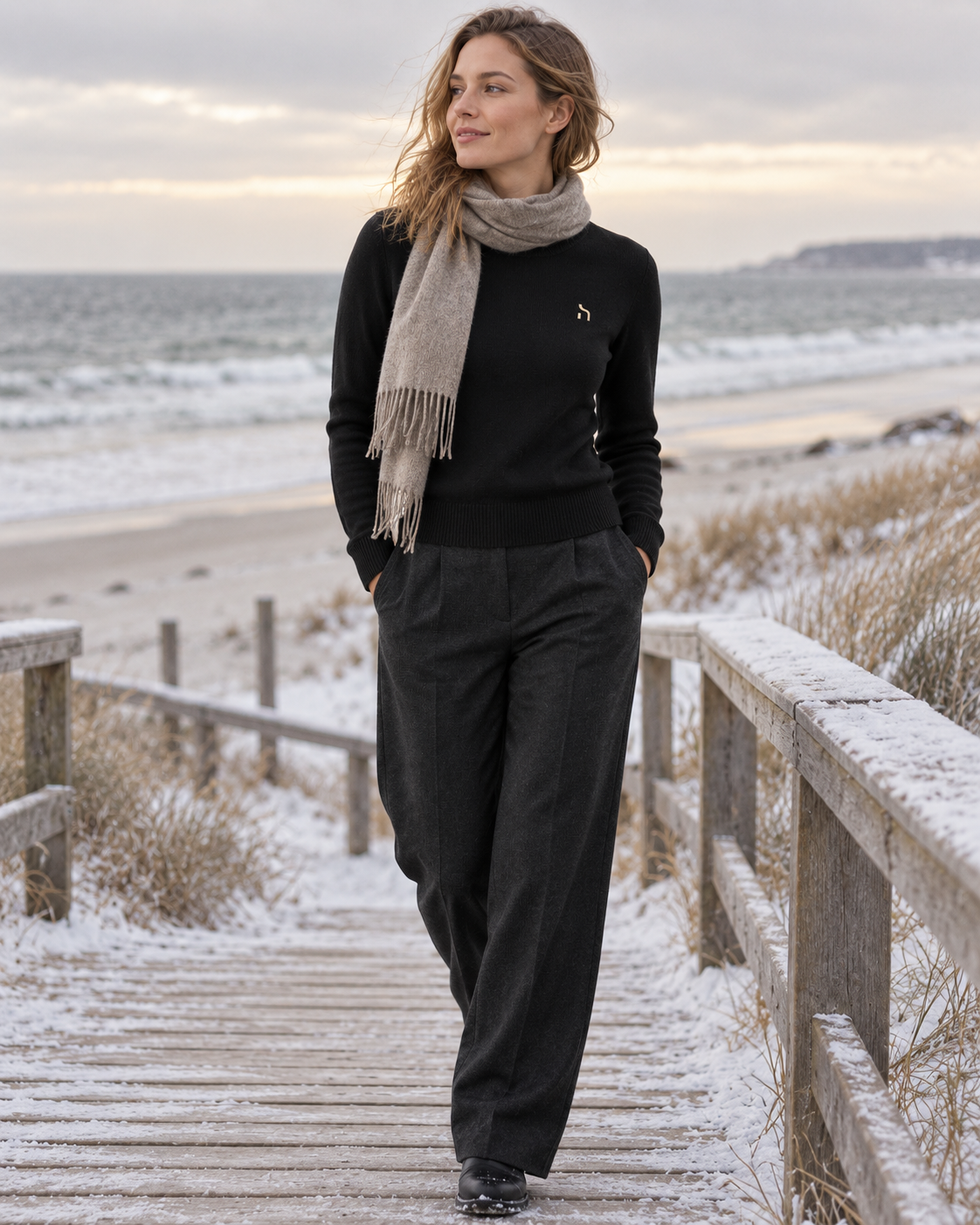 Weibliches Model trägt den Haensch Heritage Knit Sweater Damen in Winter Black mit goldenem Hänsch-H-Signet auf einem verschneiten Küstenweg an der Ostsee