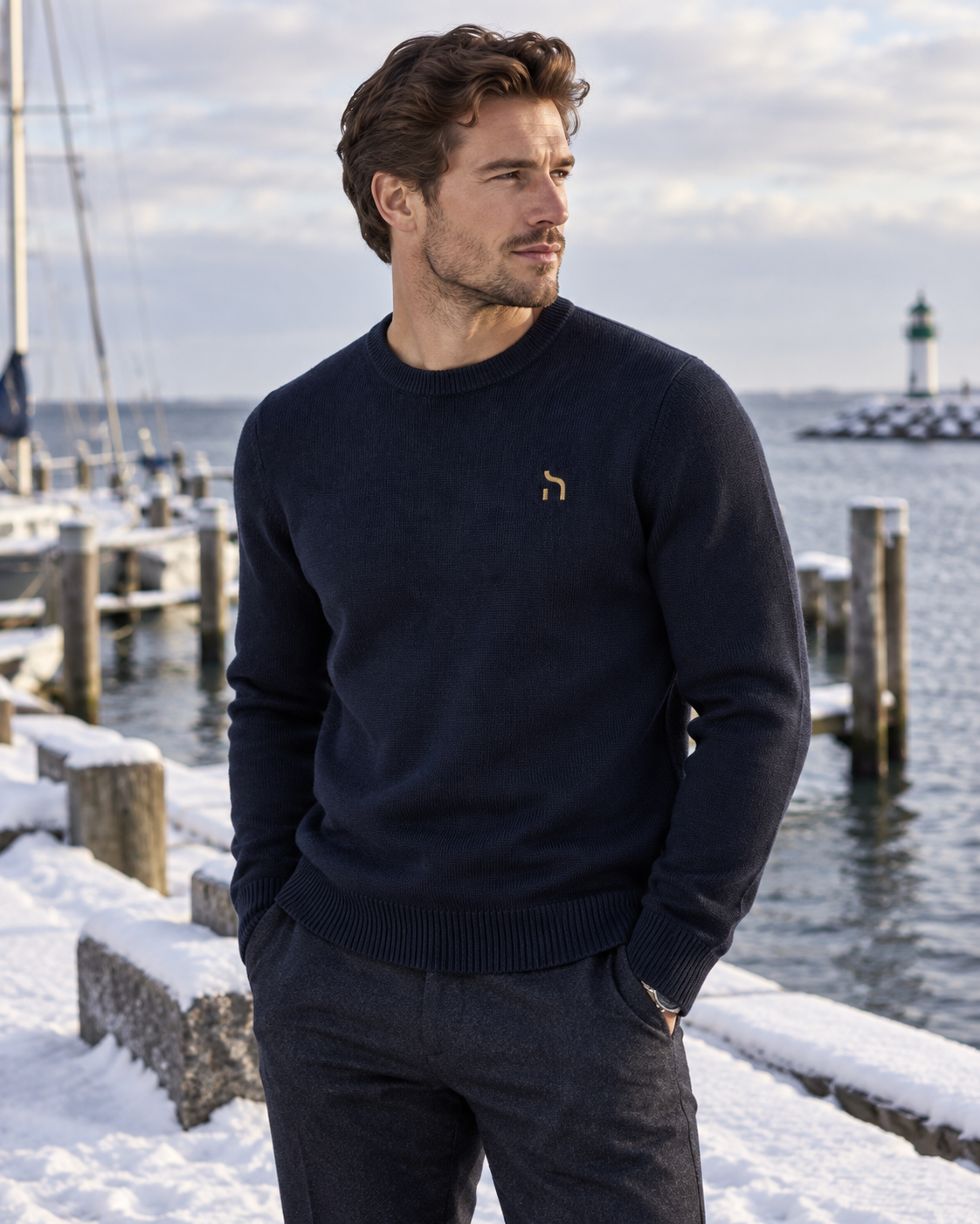 Männliches Model trägt den Haensch Heritage Knit Sweater Herren in Deep Navy mit goldenem Hänsch-H-Signet in winterlicher Ostsee-Hafenkulisse