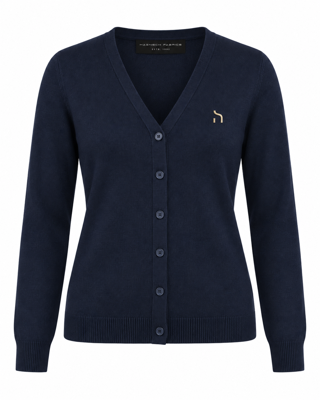Haensch Heritage Supima Cardigan Damen in Deep Navy mit klassischem V-Ausschnitt, Knopfleiste und goldenem Hänsch-H-Signet