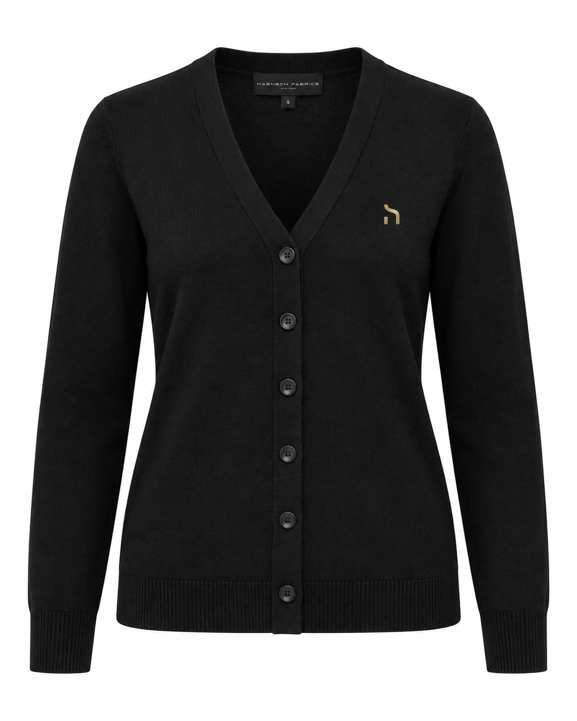 Haensch Heritage Supima Cardigan Damen in Winter Black mit V-Ausschnitt, feiner Strickstruktur, Knopfleiste und kleinem goldenem Hänsch-H-Signet