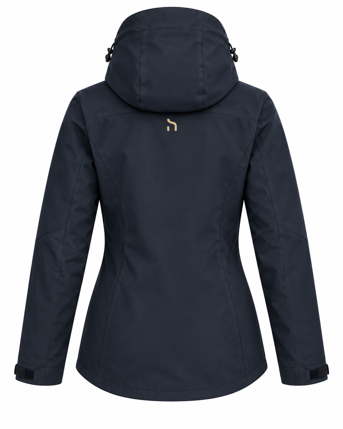 Rückansicht der Haensch Northern All Weather Jacket Damen in Deep Navy mit Kapuze und kleinem goldenem Haensch-h mittig unterhalb der Kapuze.