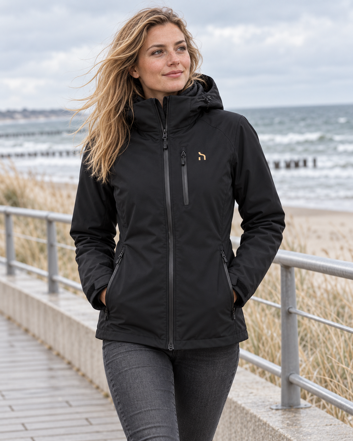 Frau trägt die Haensch Northern All Weather Jacket Damen in Winter Black auf einer windigen Promenade an der Ostsee.