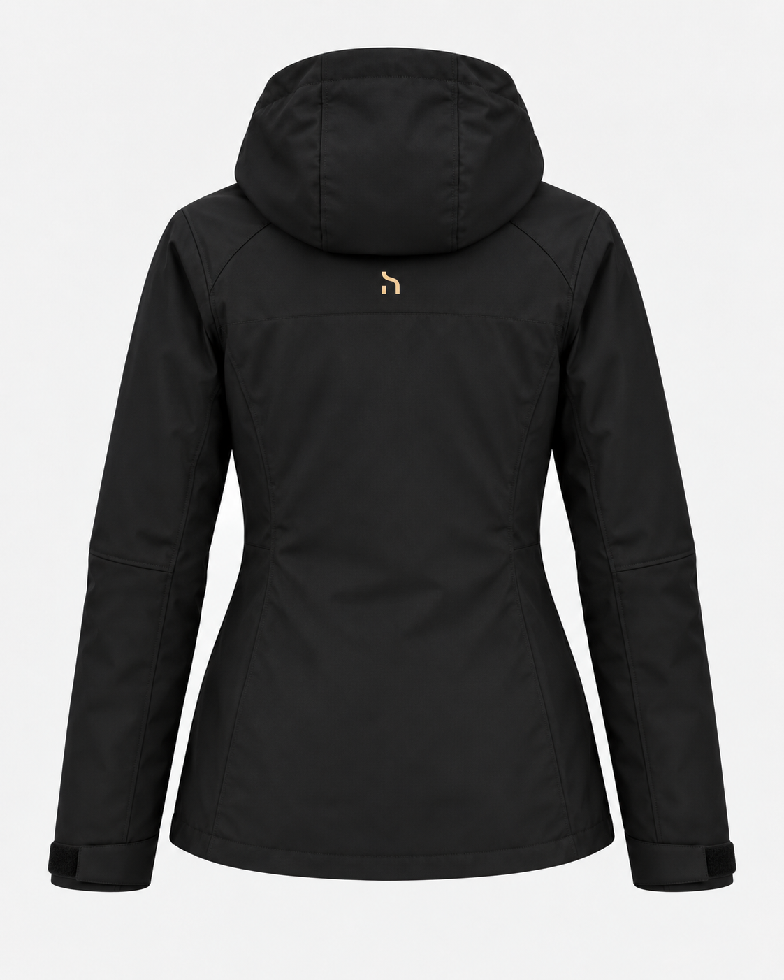 Rückansicht der Haensch Northern All Weather Jacket Damen in Winter Black mit Kapuze und kleinem goldfarbenem Haensch-h mittig im oberen Rückenbereich.