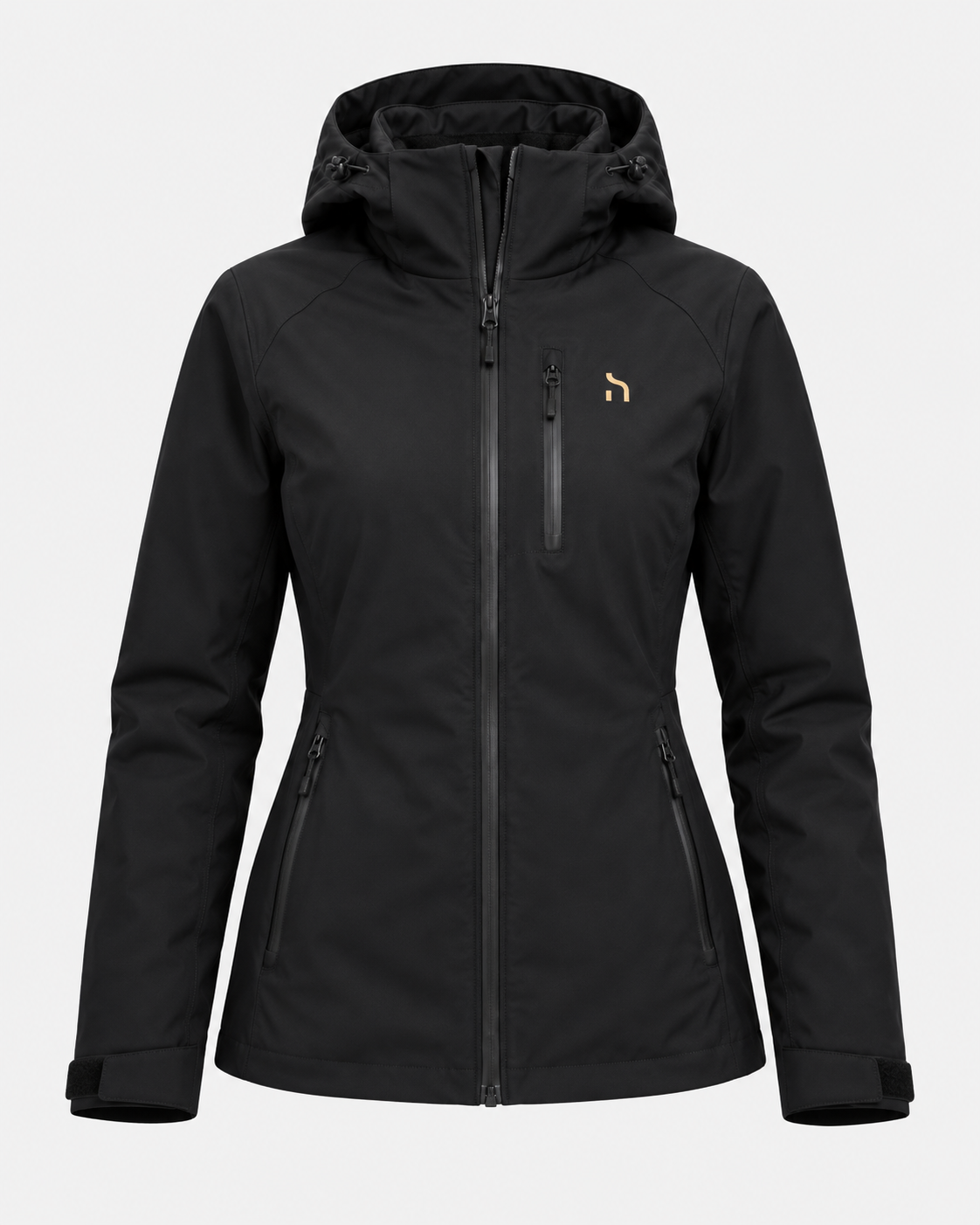 Vorderansicht der Haensch Northern All Weather Jacket Damen in Winter Black mit Kapuze, Reißverschlusstaschen und kleinem goldfarbenem Haensch-h auf der Brust.