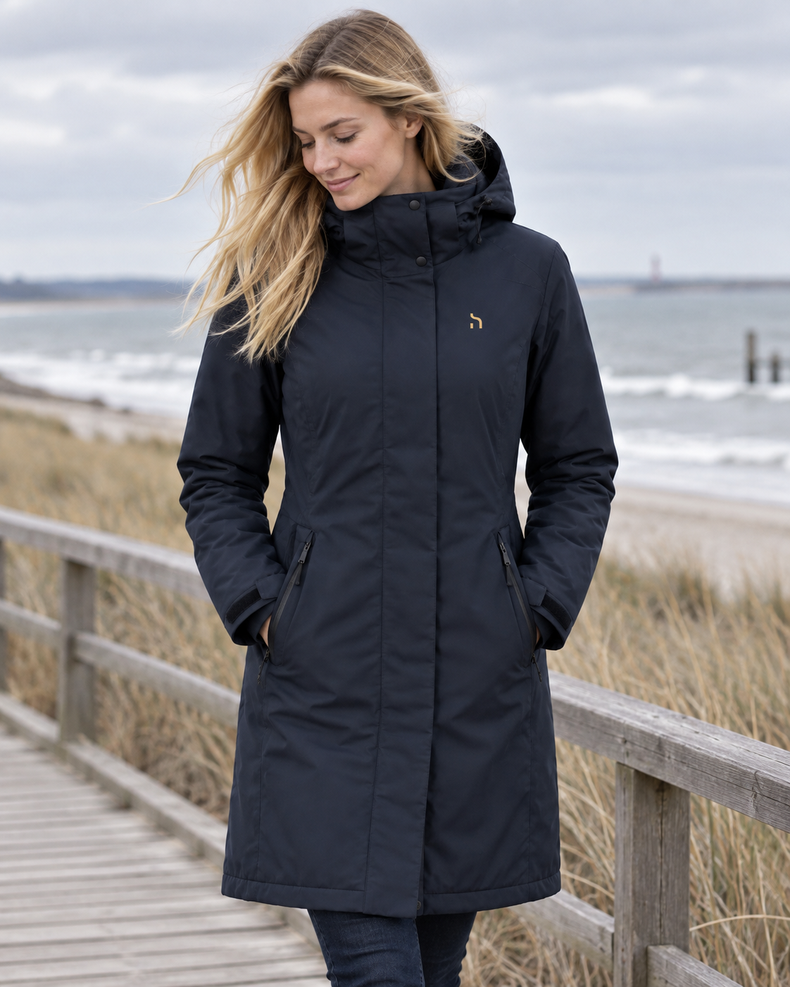 Blonde Frau trägt den Haensch Northern All Weather Parka Damen in Deep Navy mit kleinem goldenem Haensch-h auf einer winterlichen Ostsee-Promenade und blickt direkt in die Kamera.