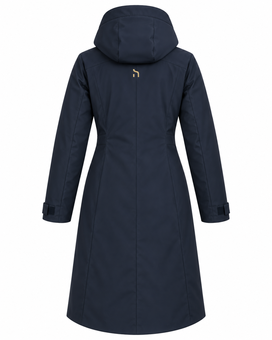 Rückansicht des Haensch Northern All Weather Parka Damen in Deep Navy mit Kapuze und kleinem goldenem Haensch-h mittig im oberen Rückenbereich.