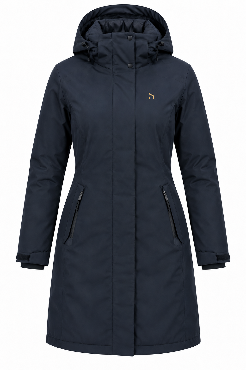 Vorderansicht des Haensch Northern All Weather Parka Damen in Deep Navy mit Kapuze, verdecktem Frontverschluss, Reißverschlusstaschen und kleinem goldenem Haensch-h auf der Brust.