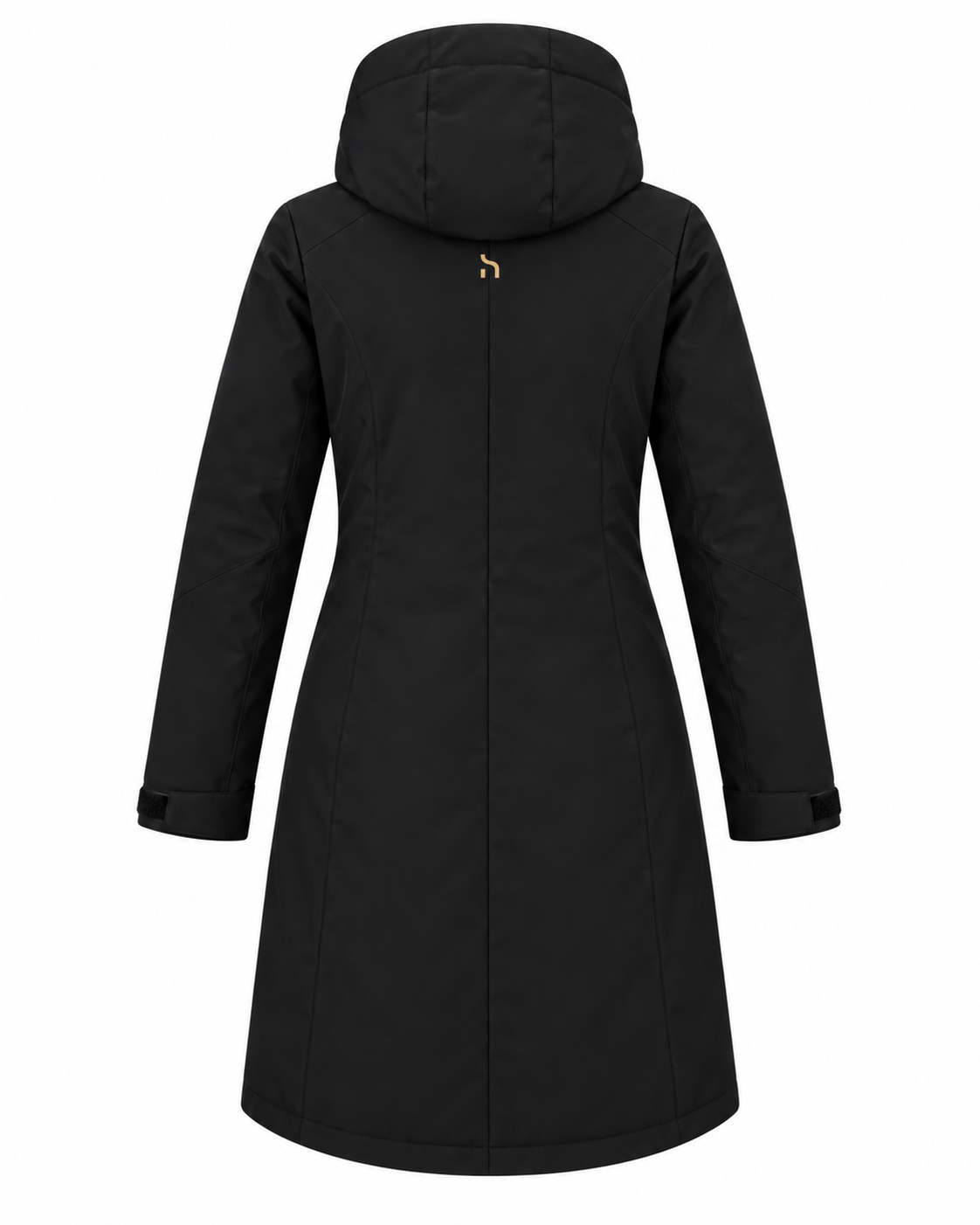 Rückansicht des Haensch Northern All Weather Parka Damen in Winter Black mit Kapuze und kleinem goldenem Haensch-h mittig unterhalb der Kapuze.