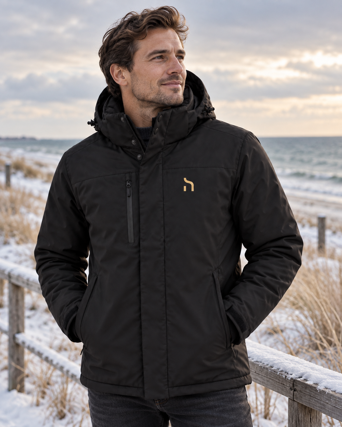 Männliches Model trägt die Haensch Northern All Weather Winter Jacket Herren in Winter Black mit goldenem Hänsch-H-Signet in winterlicher Ostsee-Kulisse