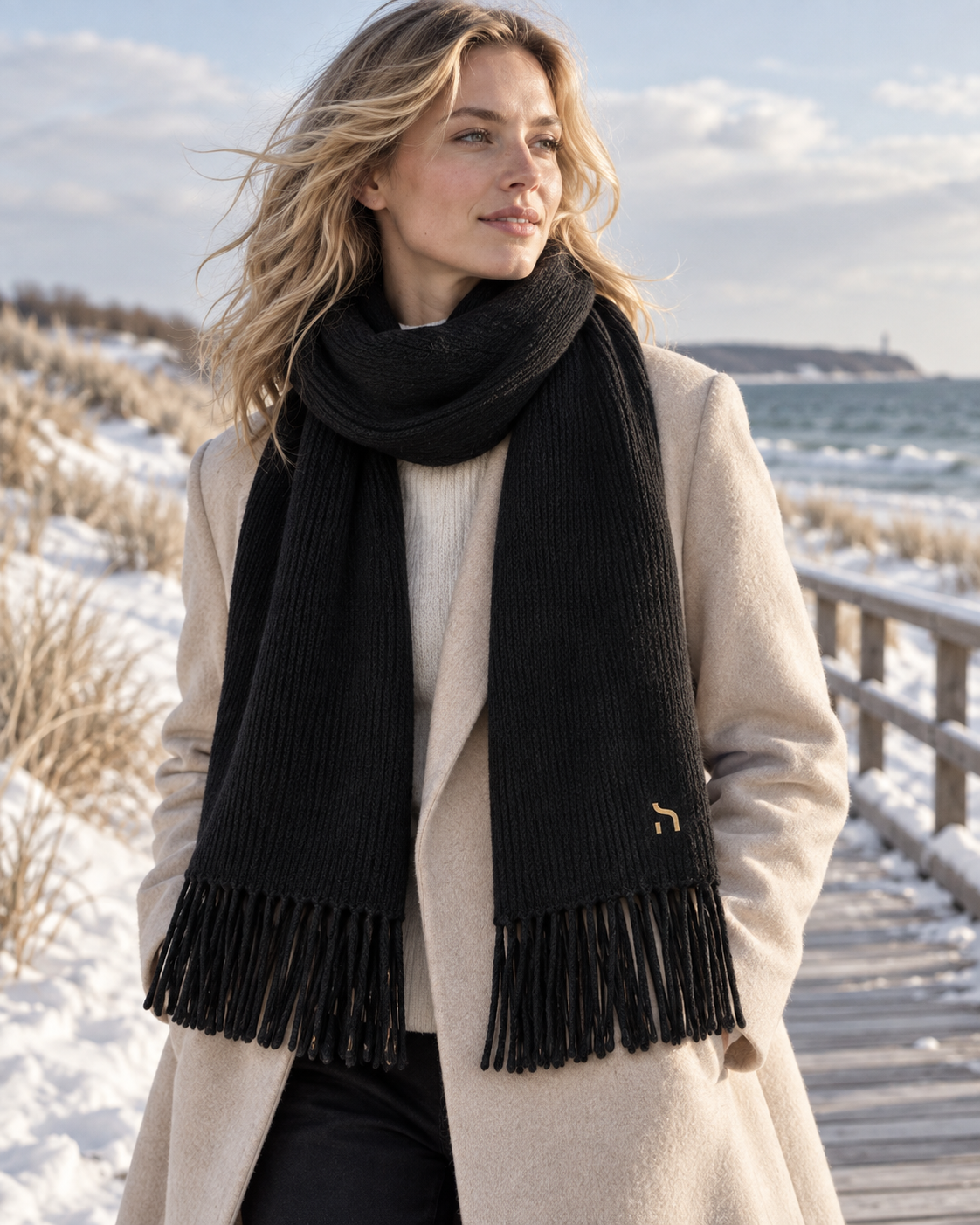 Weibliches Model trägt den schwarzen Haensch Northern Classic Scarf Unisex mit goldenem Hänsch-H-Signet zu hellem Wintermantel an der Ostsee