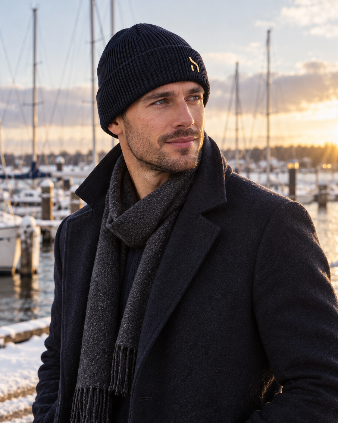 Männliches Model trägt die Haensch Northern Cuffed Beanie in Deep Navy mit goldenem Hänsch-H-Signet in winterlicher Hafen-Kulisse