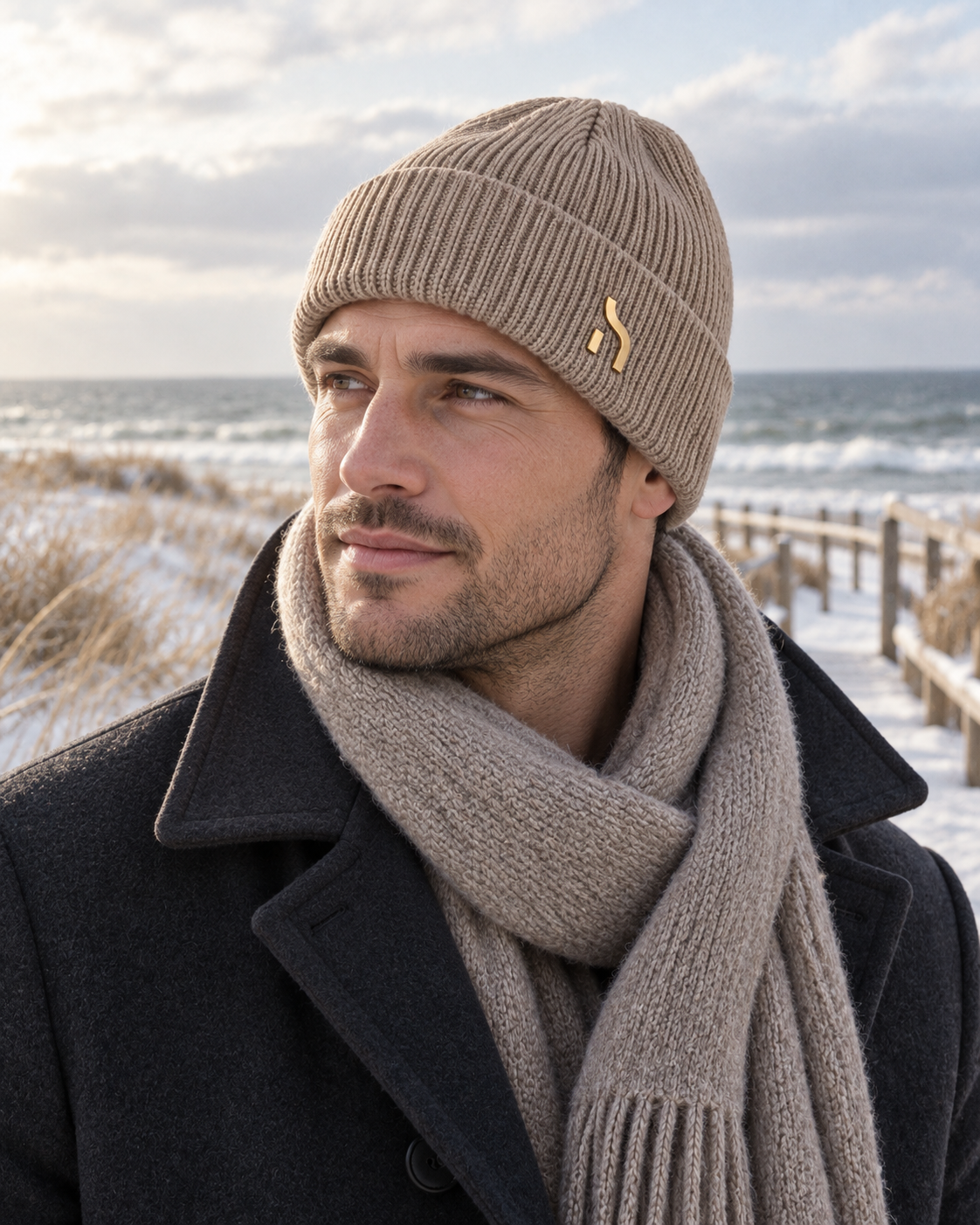 Männliches Model trägt die schwarze Haensch Northern Cuffed Beanie mit goldenem Hänsch-H-Signet zu beigem Wintermantel und hellem Strickschal an der Ostsee