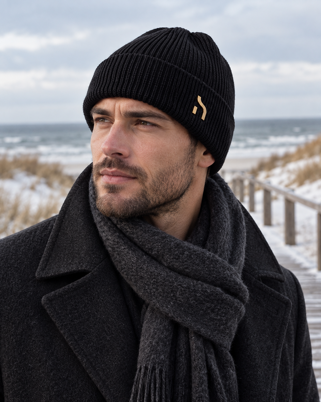 Männliches Model trägt die schwarze Haensch Northern Cuffed Beanie mit goldenem Hänsch-H-Signet zu dunklem Wintermantel an der verschneiten Ostsee