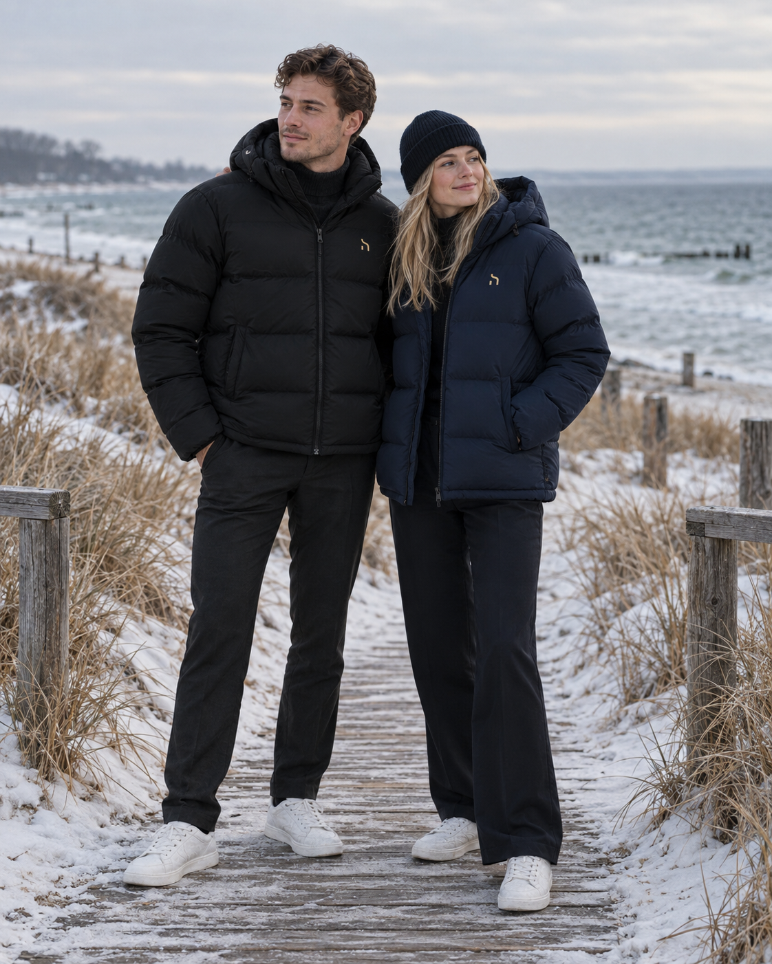 Mann in Haensch Northern Puffer Jacket in Winter Black und Frau in Deep Navy mit goldenem Hänsch-H-Signet an der verschneiten Ostseeküste