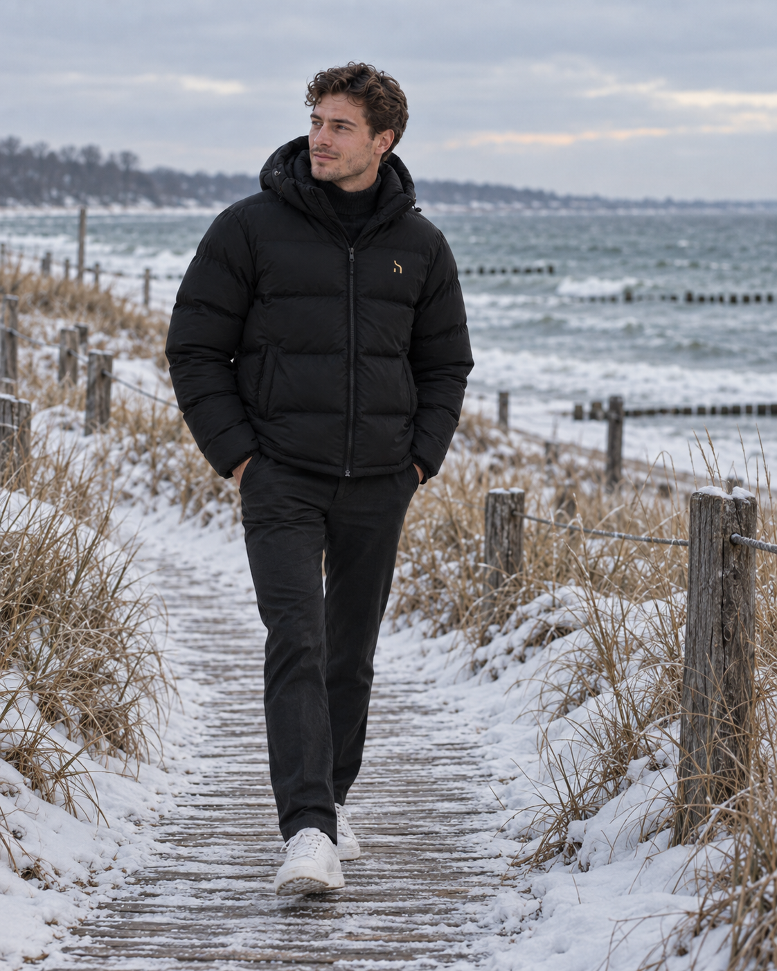 Männliches Model trägt die Haensch Northern Puffer Jacket Unisex in Winter Black mit goldenem Hänsch-H-Signet bei einem Winterspaziergang an der Ostsee