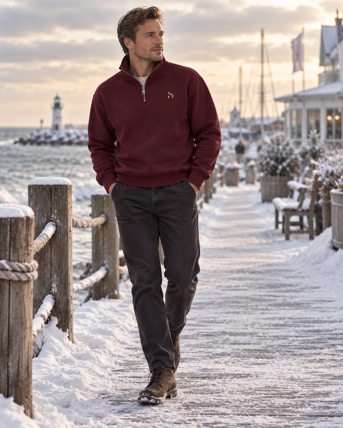 Männliches Model trägt den Haensch Northern Quarter Zip Sweat Unisex in Burgundy Wine mit goldenem Hänsch-H-Signet vor winterlicher Ostsee-Hafenkulisse