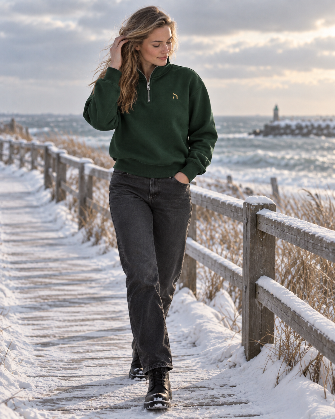 Weibliches Model trägt den Haensch Northern Quarter Zip Sweat Unisex in Forest Green mit goldenem Hänsch-H-Signet auf einem verschneiten Küstenweg