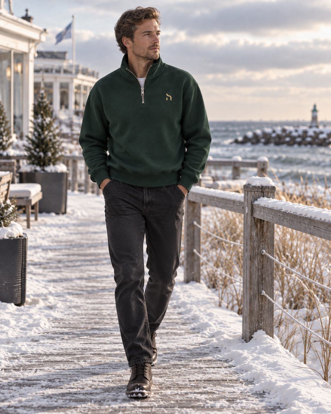 Männliches Model trägt den Haensch Northern Quarter Zip Sweat Unisex in Forest Green mit goldenem Hänsch-H-Signet auf einer verschneiten Ostsee-Promenade