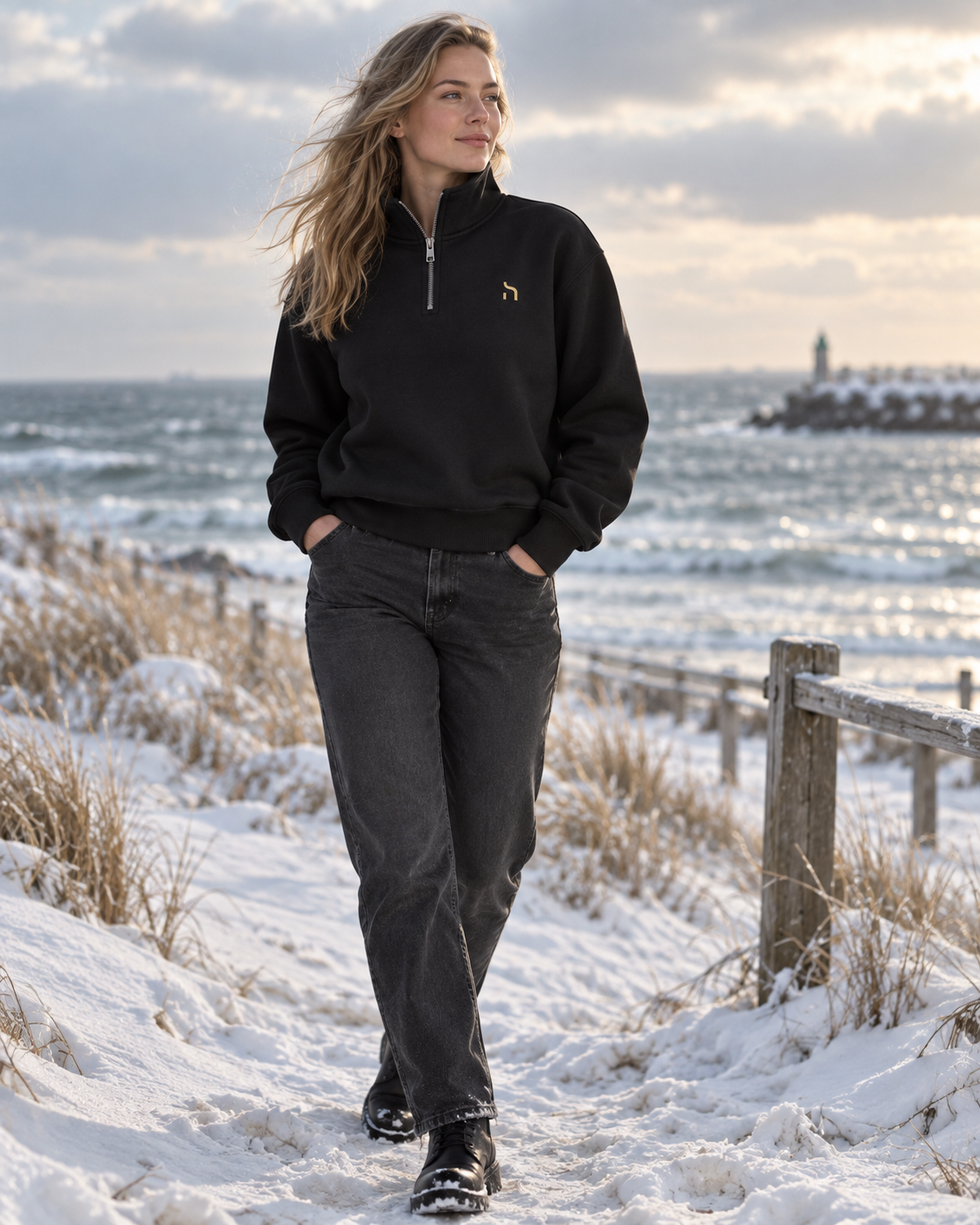 Weibliches Model trägt den Haensch Northern Quarter Zip Sweat Unisex in Winter Black mit goldenem Hänsch-H-Signet an der verschneiten Ostseeküste