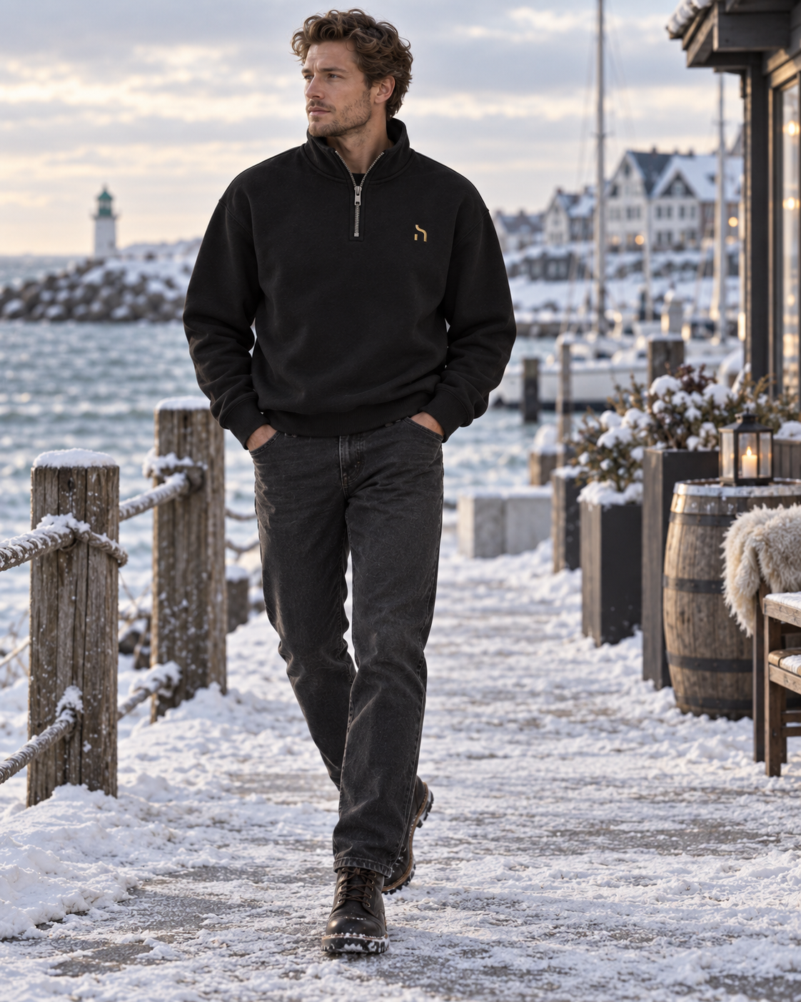 Männliches Model trägt den Haensch Northern Quarter Zip Sweat Unisex in Winter Black mit goldenem Hänsch-H-Signet an einer verschneiten Ostsee-Promenade