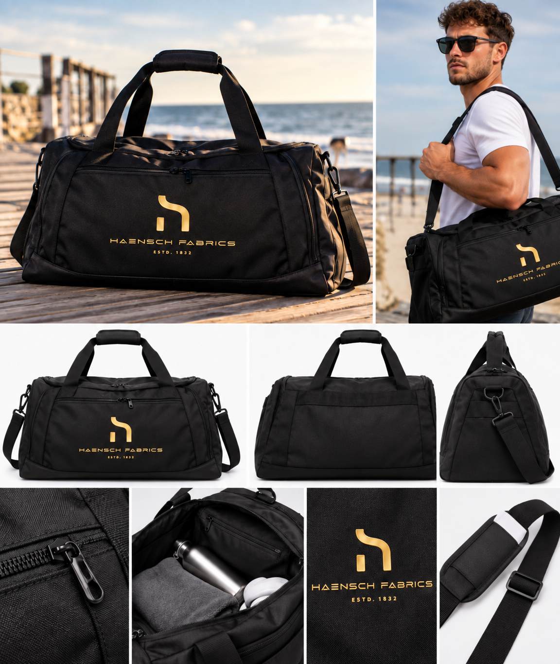 Man carrying the black Haensch Signature Duffle Bag with gold logo on a Baltic Sea boardwalk.