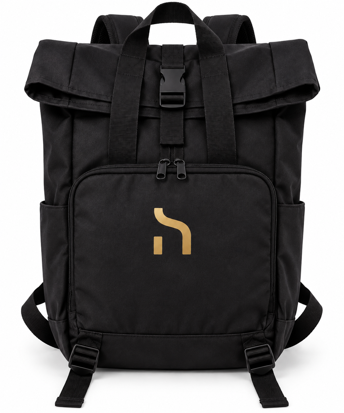 Black Haensch Signature Rolltop Backpack with gold H logo, front zip compartment, roll-top closure and adjustable shoulder straps on a white background.