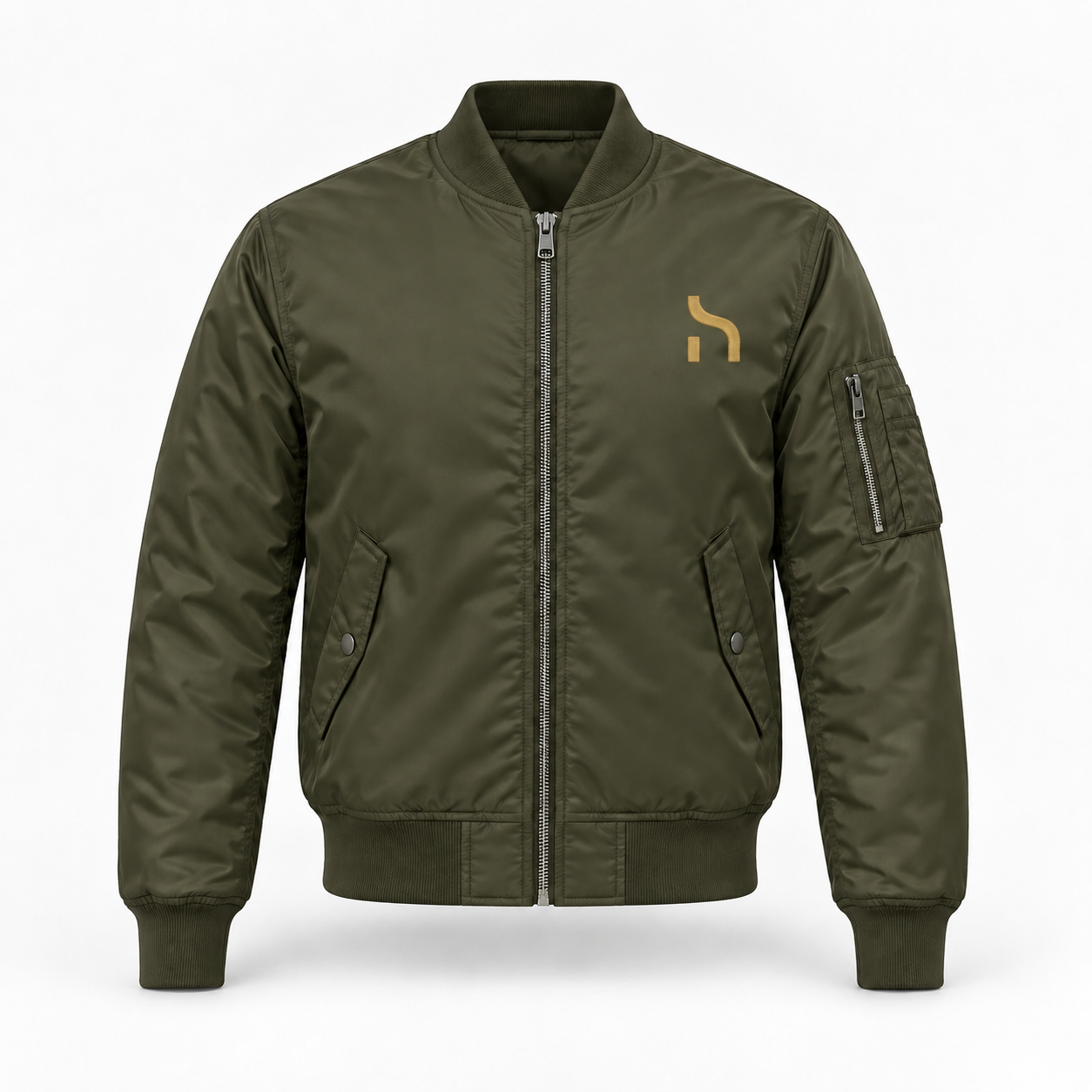 Dunkelolivgrüne Haensch Studio Bomber Jacket mit golden gesticktem Haensch-Zeichen auf der linken Brust.