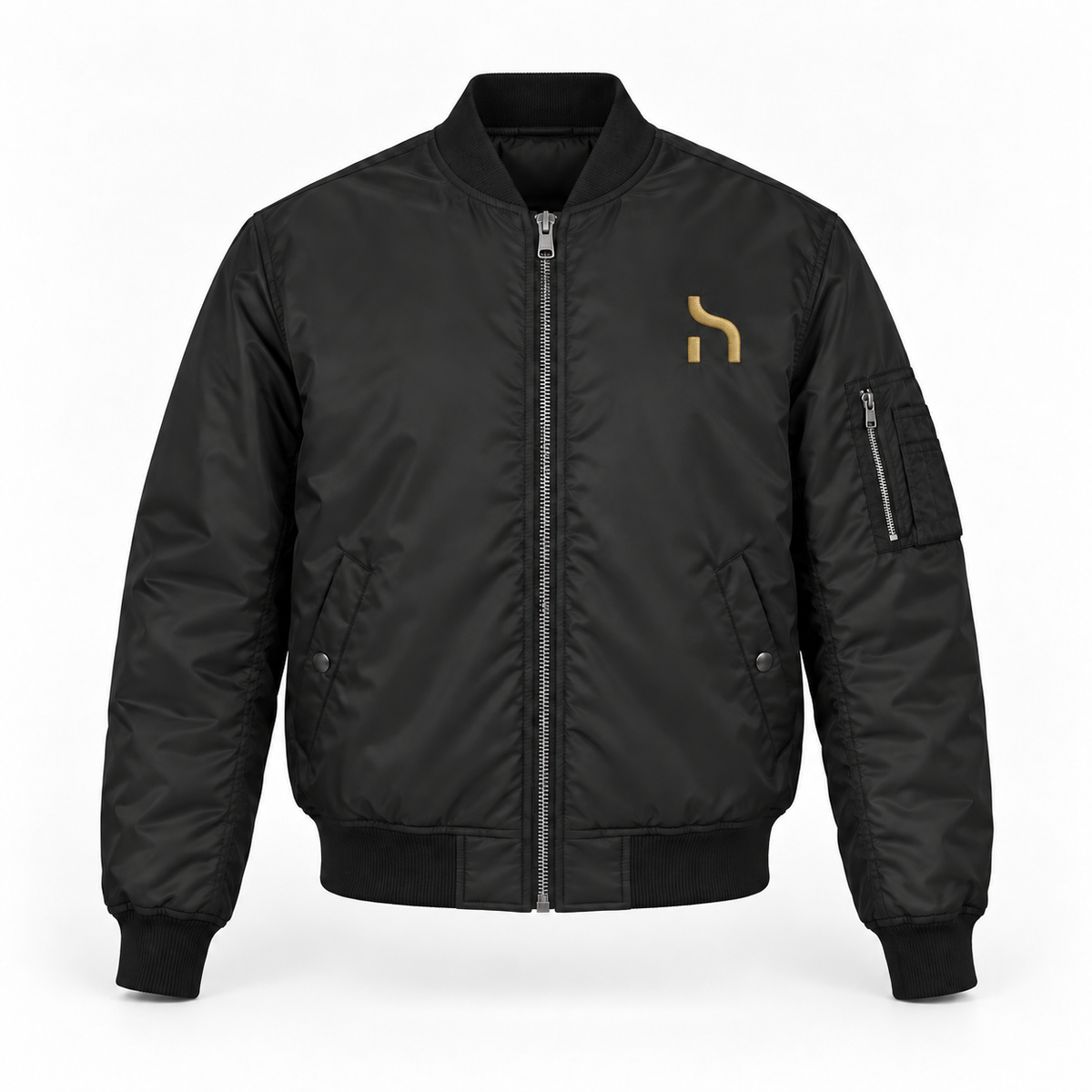 Schwarze Haensch Studio Bomber Jacket mit golden gesticktem Haensch-Zeichen auf der linken Brust.