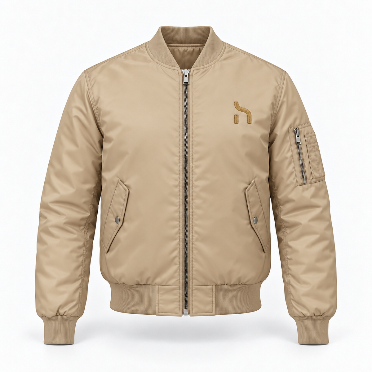 Union-beige Haensch Studio Bomber Jacket mit golden gesticktem Haensch-Zeichen auf der linken Brust.