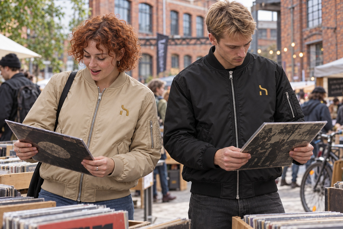 Junges Paar trägt die Haensch Studio Bomber Jacket in Union Beige und Schwarz auf einem Plattenmarkt in Leipzig.