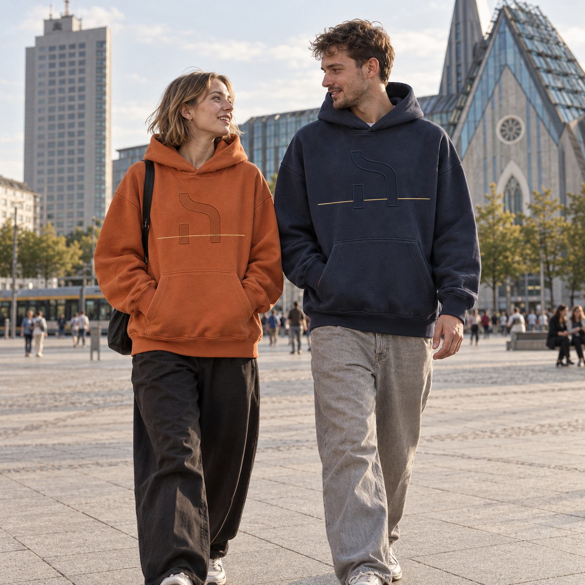 Junges Paar auf dem Leipziger Augustusplatz: Frau im orangefarbenen und Mann im marineblauen Haensch Studio Box Hoodie.