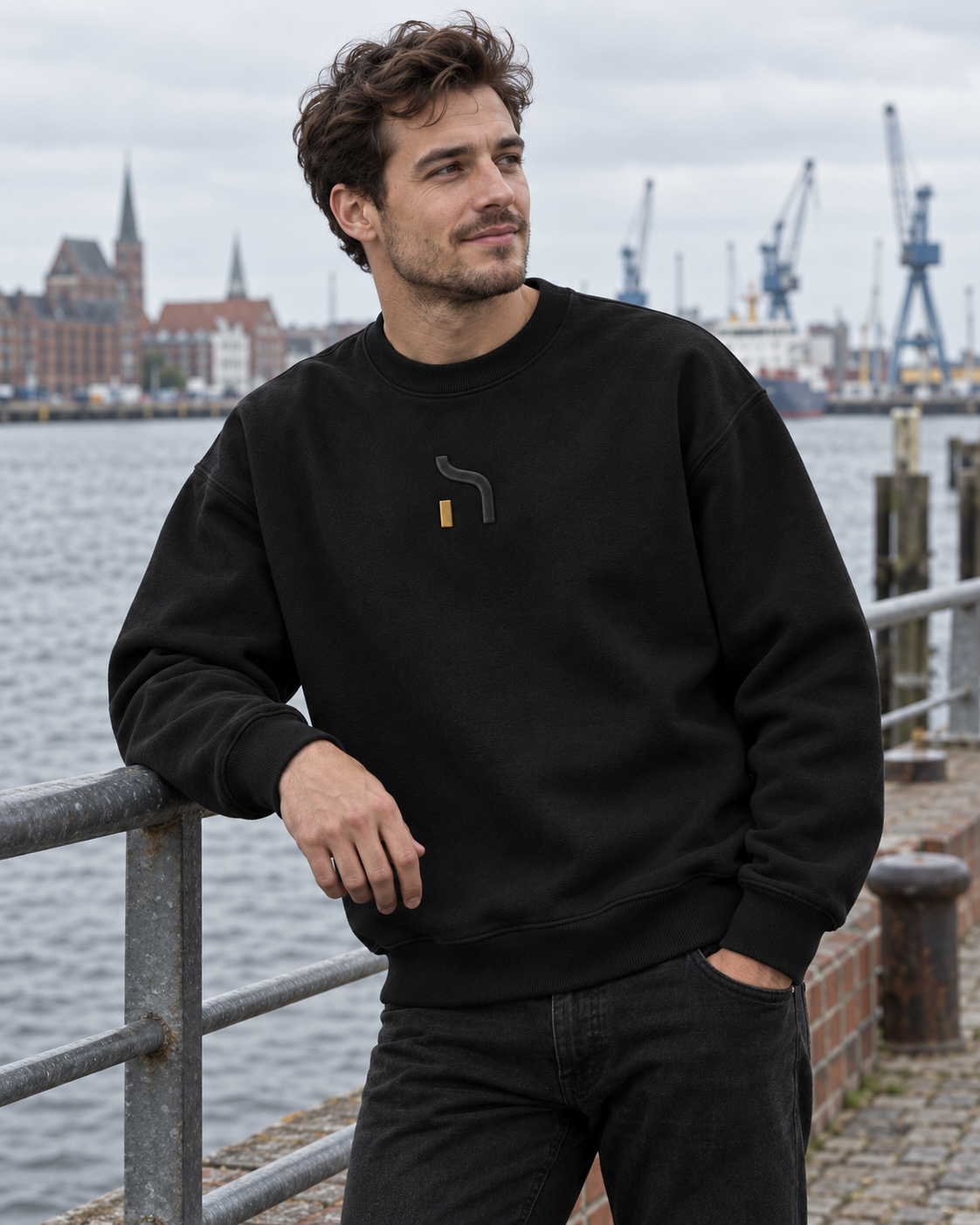 Junger Mann trägt den schwarzen Haensch Studio Ultra Heavy Cotton Crewneck an der historischen Hafenkulisse von Rostock.