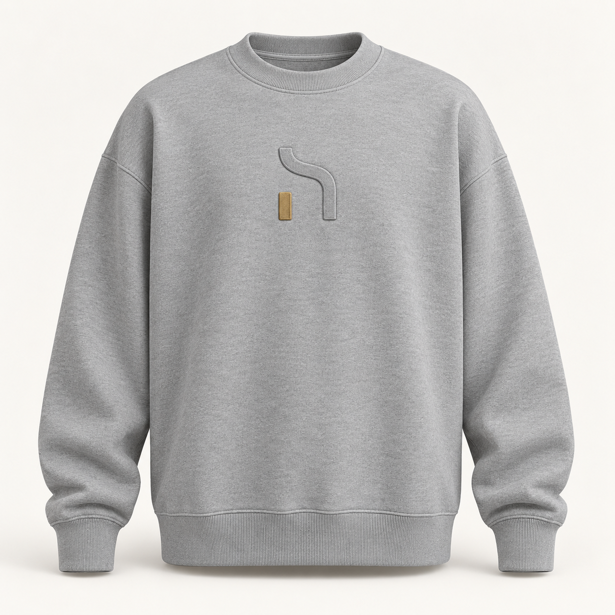 Graumelierter Haensch Studio Ultra Heavy Cotton Crewneck mit tonal erhabenem Haensch-Zeichen und kleinem goldenen Akzent auf der Vorderseite.