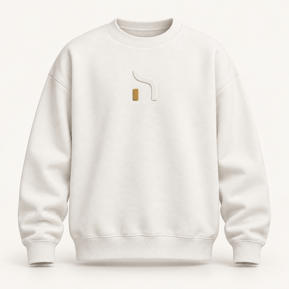 Weißer Haensch Studio Ultra Heavy Cotton Crewneck mit tonal erhabenem Haensch-Zeichen und kleinem goldenen Akzent auf der Vorderseite.