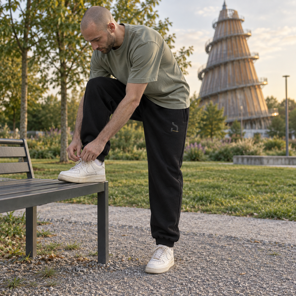 Junger Mann trägt die schwarzen Haensch Studio Ultra Heavy Sweatpants im Elbauenpark am Jahrtausendturm Magdeburg.