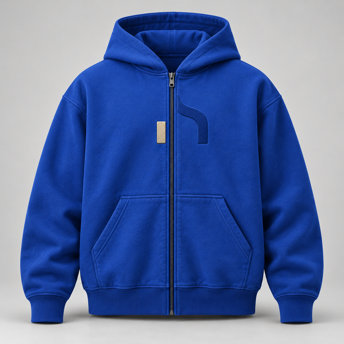 Cobaltblauer Haensch Studio Ultra Heavy Zip Hoodie mit durchgehendem Reißverschluss und geteiltem Hänsch-Zeichen.