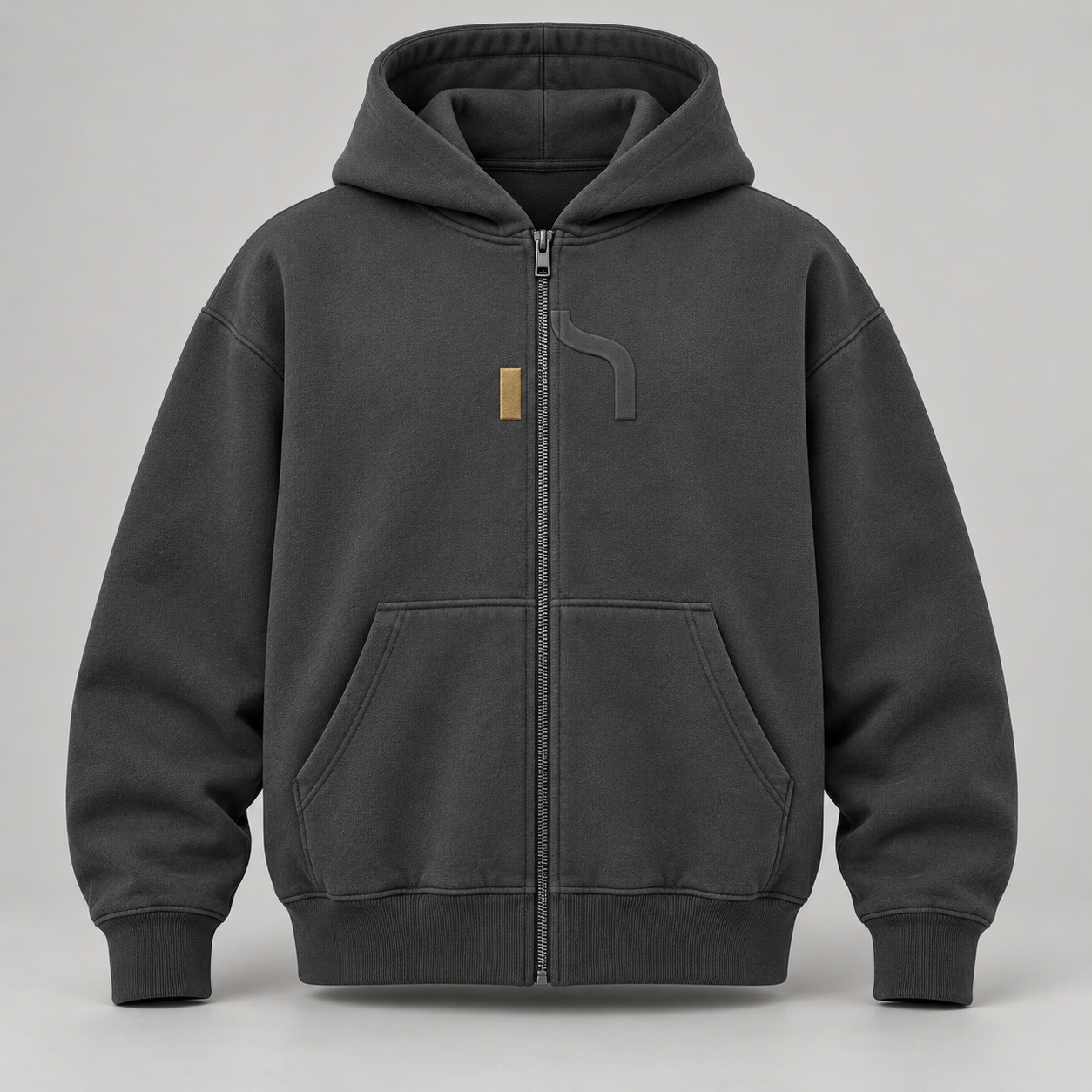 Dunkelgrauer Haensch Studio Ultra Heavy Zip Hoodie mit durchgehendem Reißverschluss und geteiltem Hänsch-Zeichen.