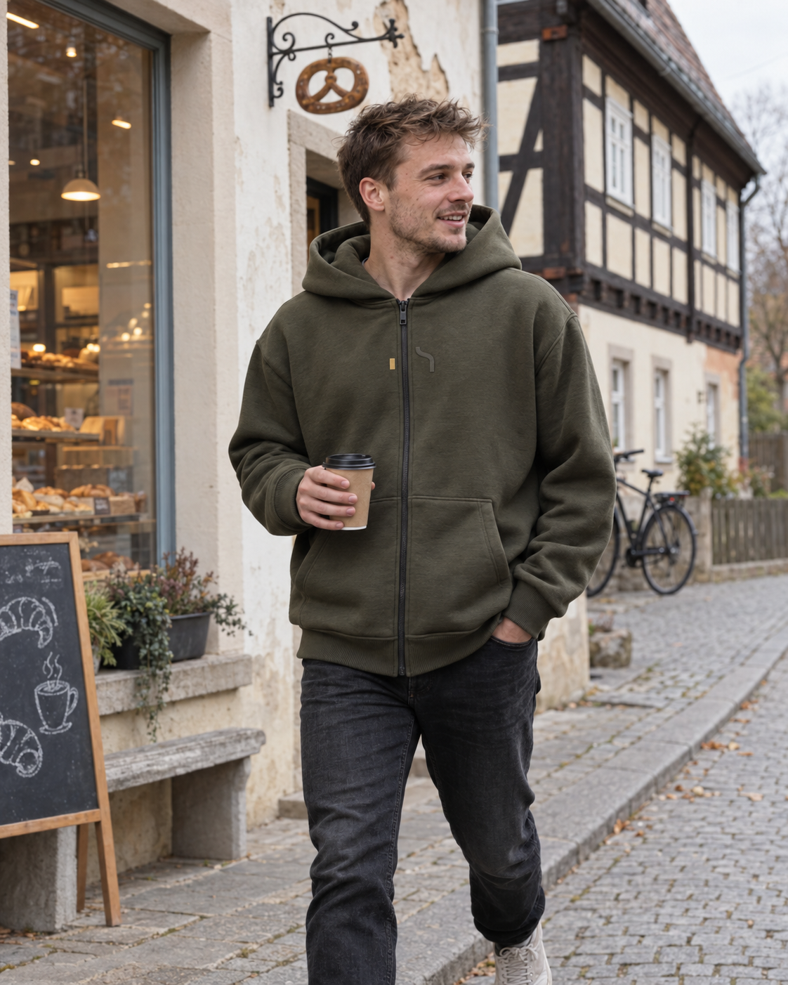 Junger Mann trägt den olivgrünen Haensch Studio Ultra Heavy Zip Hoodie vor einer Bäckerei in der Oberlausitz.