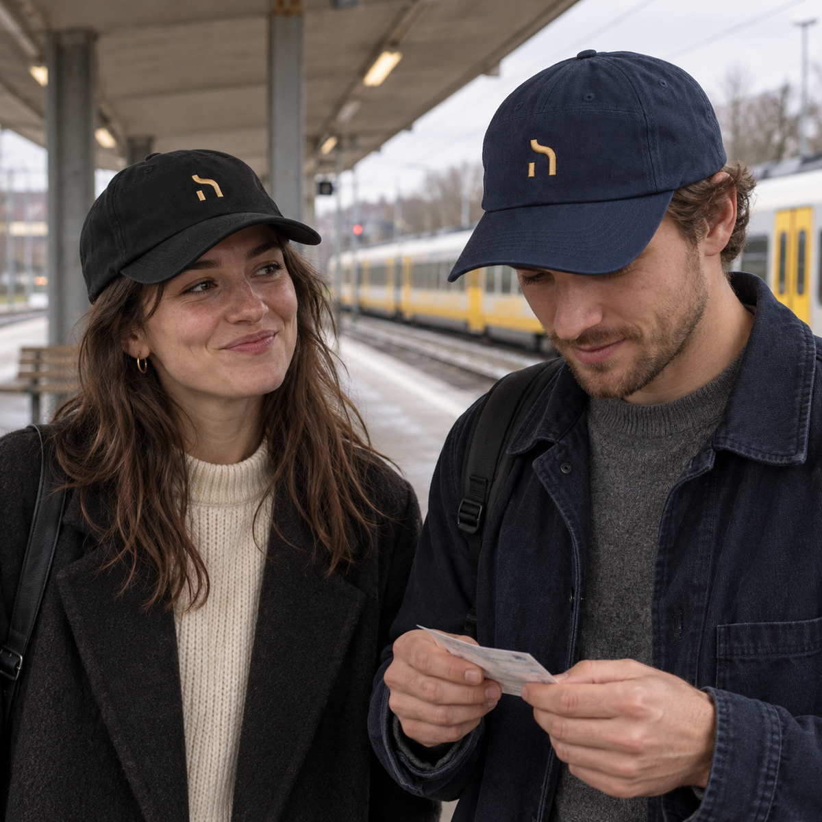 Frau mit schwarzer und Mann mit marineblauer Haensch Utility Cap stehen gemeinsam an einem sächsischen Regionalbahnhof.