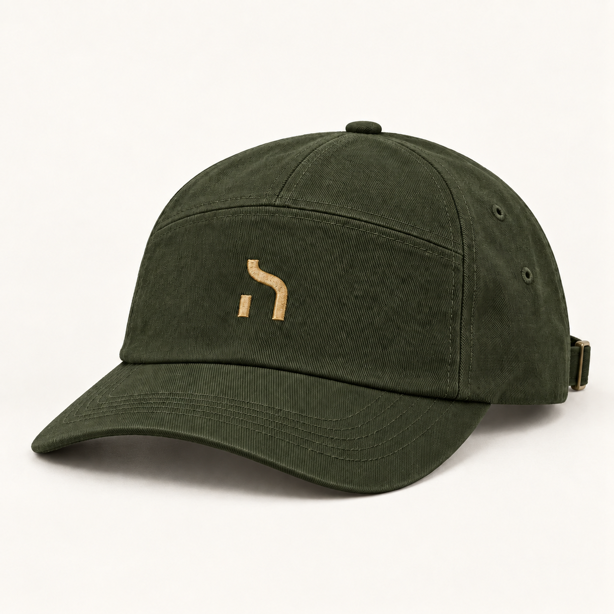 Olivgrüne Haensch Utility 5-Panel-Cap aus Baumwoll-Twill mit vorgeformtem Schirm und kleinem goldenem Haensch-Zeichen.