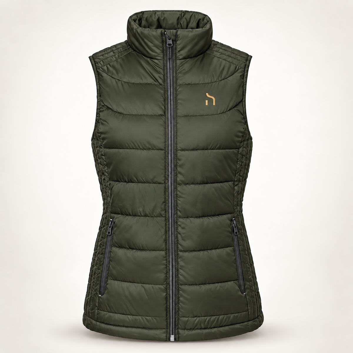 Taillierter Haensch Utility Nano Bodywarmer für Damen in Dark Olive mit goldenem Hänsch-Zeichen