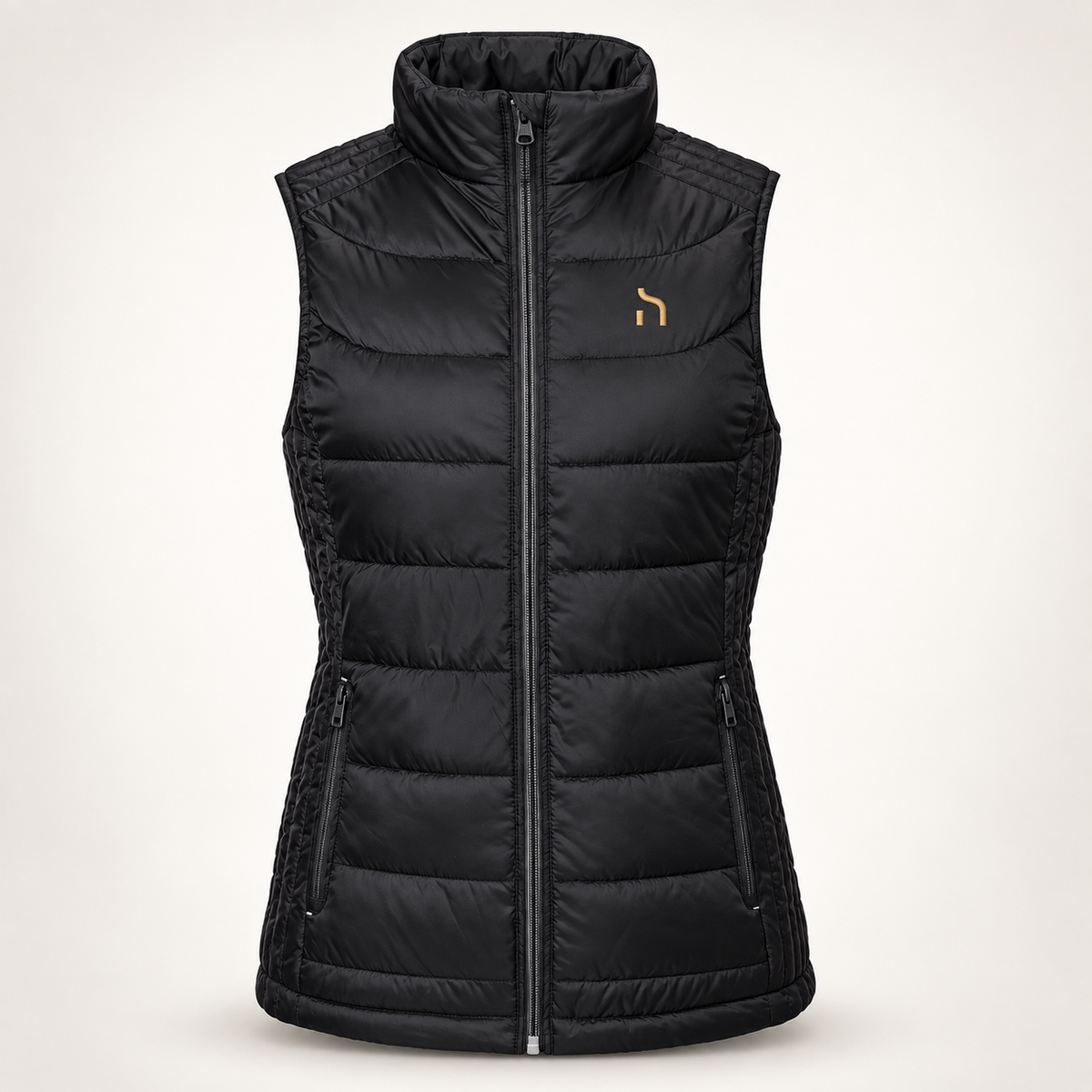 Schwarzer Haensch Utility Nano Bodywarmer für Damen mit tailliertem Schnitt und goldenem Hänsch-Zeichen