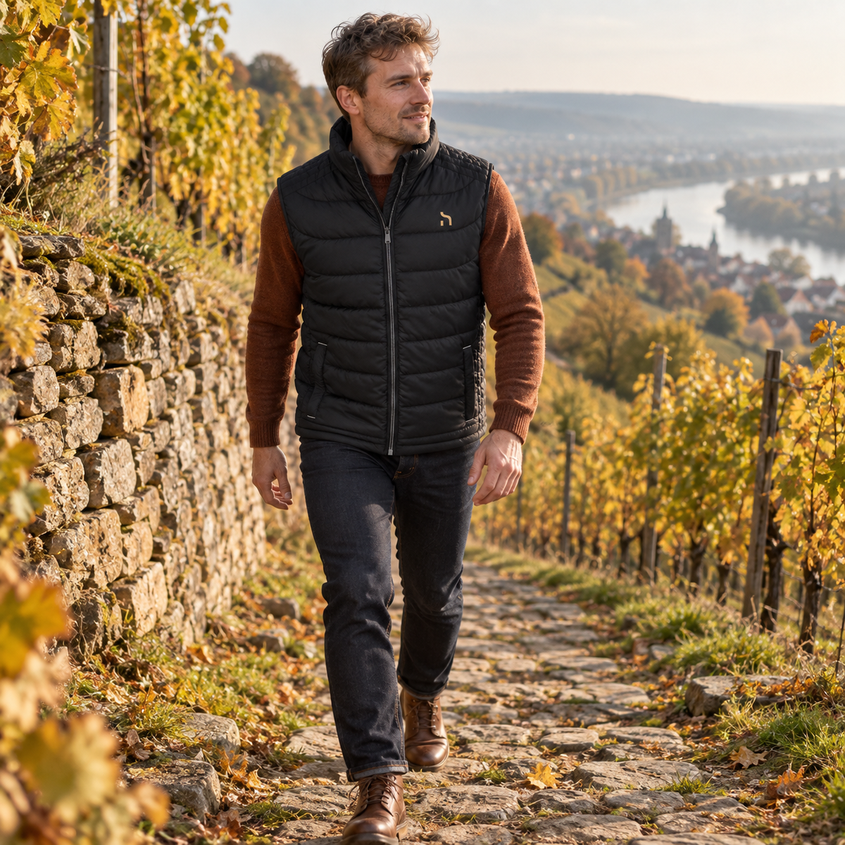 Junger Mann trägt den schwarzen Haensch Utility Nano Bodywarmer in den Weinbergen bei Radebeul