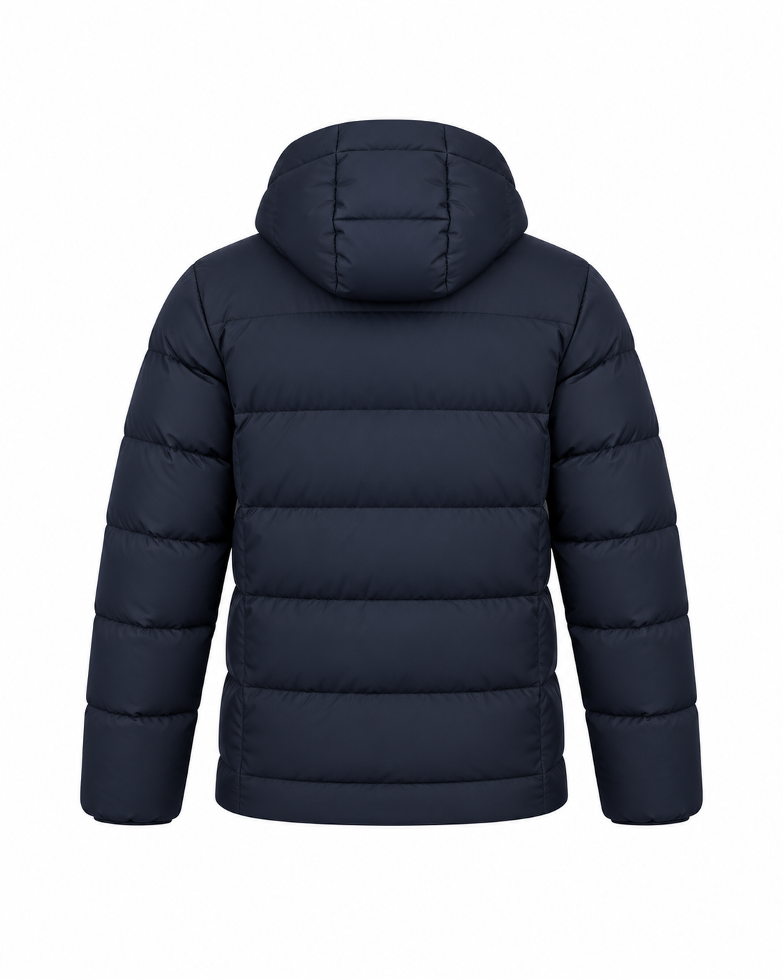 Dunkelblaue gesteppte Haensch Winter Pufferjacke für Damen auf weißem Hintergrund, Rückansicht.