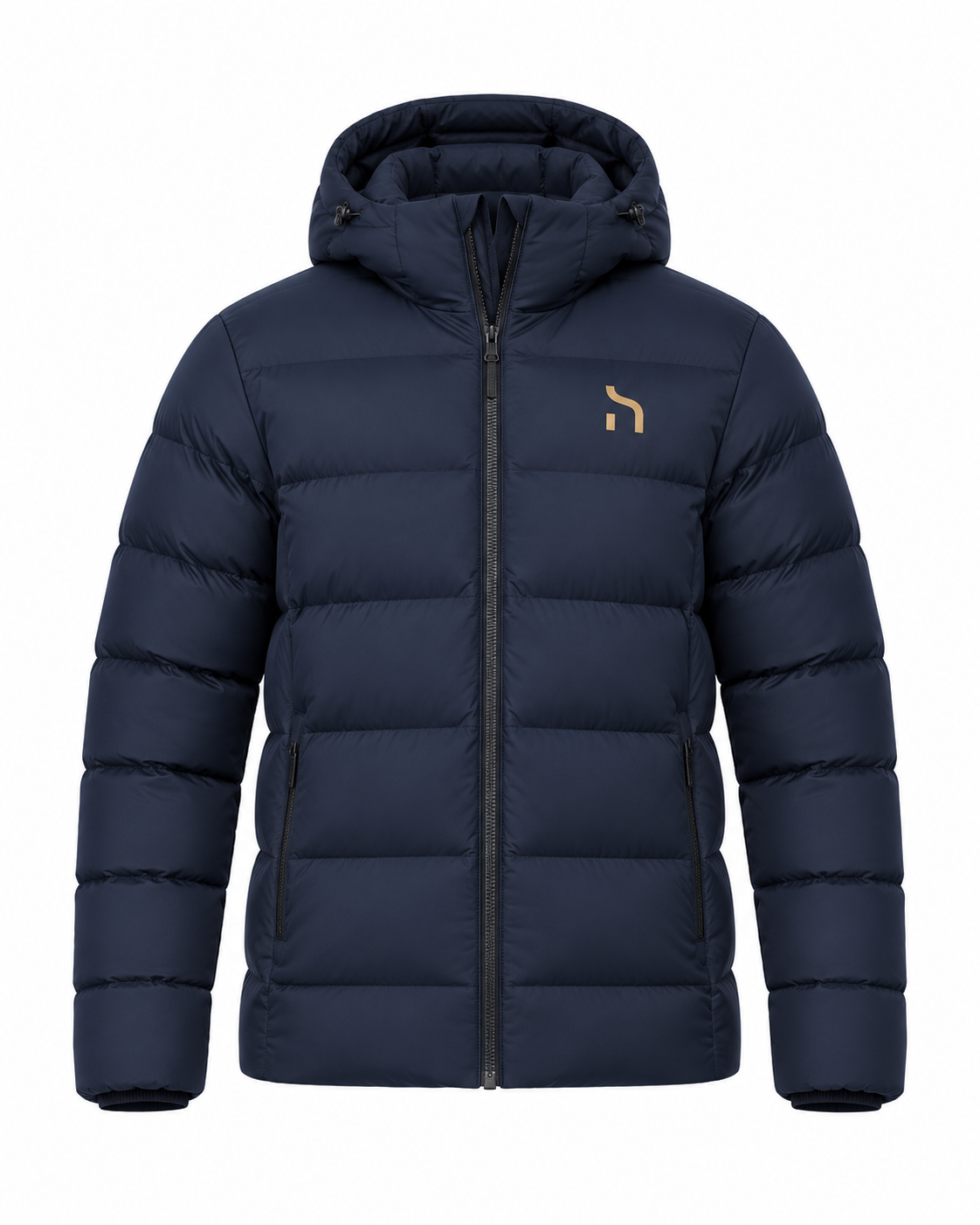 Dunkelblaue gesteppte Haensch Winter Pufferjacke für Damen auf weißem Hintergrund, Vorderansicht mit kleinem goldenem H-Logo.